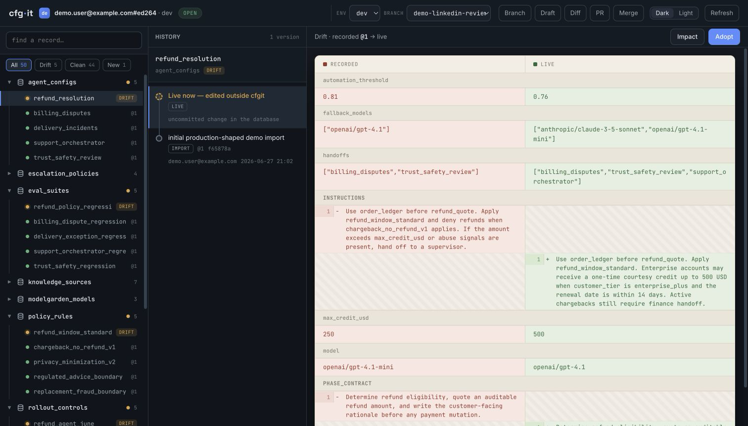 cfgit drift review UI