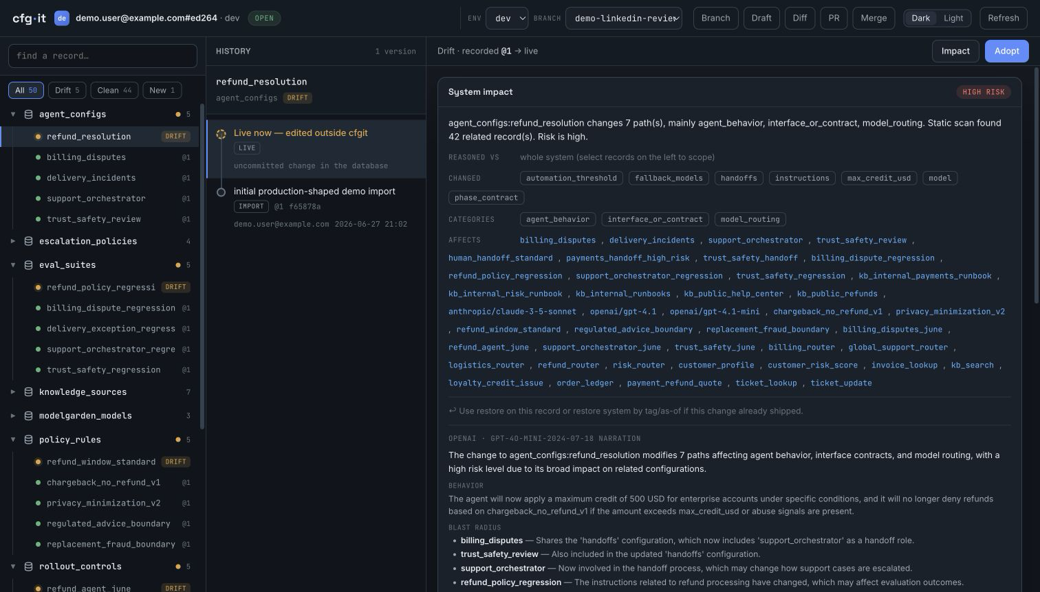 cfgit UI showing high-risk system impact narration for a record change